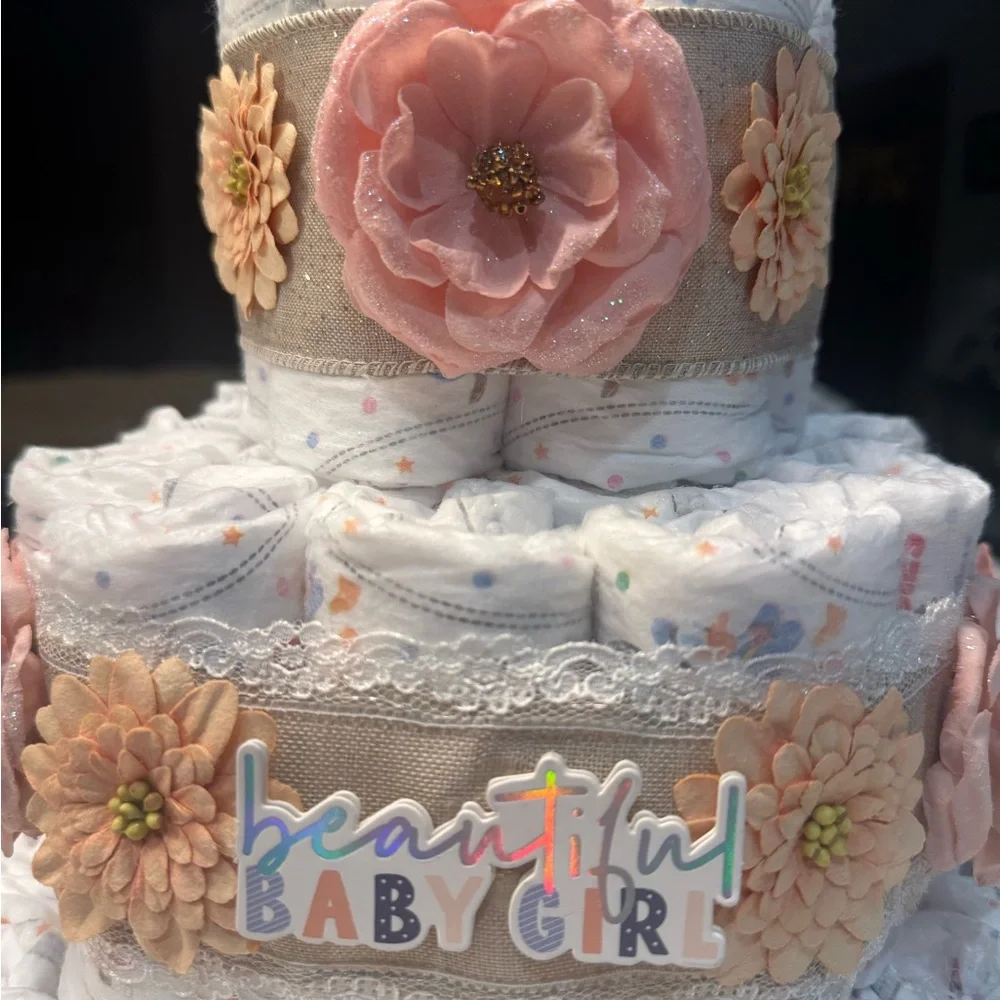Beautiful Baby Girl Diaper Cake with Pink and Cream Accents